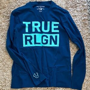True Religion Navy Long Sleeve Tee with Aqua Lettering